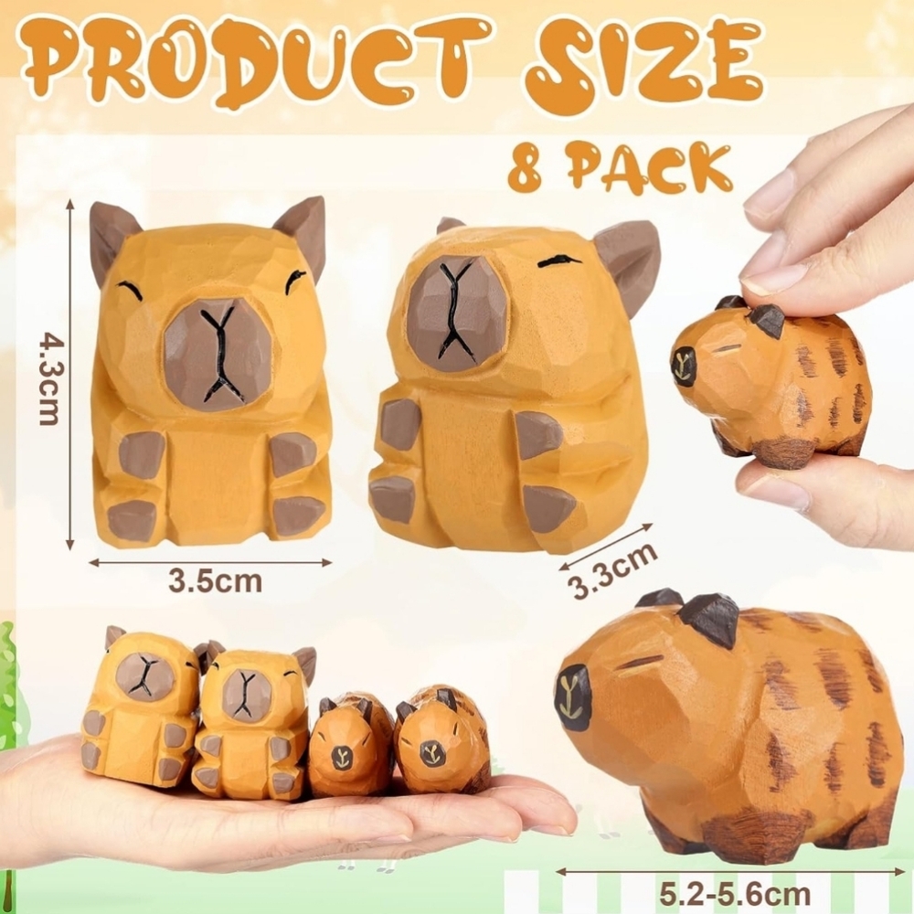 Wooden‎ Carved Capybara Figurine 8 Piece Set
